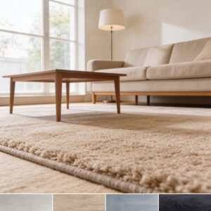 Tapis isolant phonique Aurora en pièce de vie, quatre coloris : beige, sable, argent, anthracite
