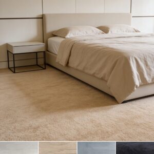 Tapis isolant phonique Aurora en chambre, quatre coloris : beige, sable, argent, anthracite
