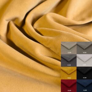 Tissu acoustique Brazio pour revêtement mural sur mesure en coloris moutarde, avec aperçu des teintes disponibles et texture velours douce.
