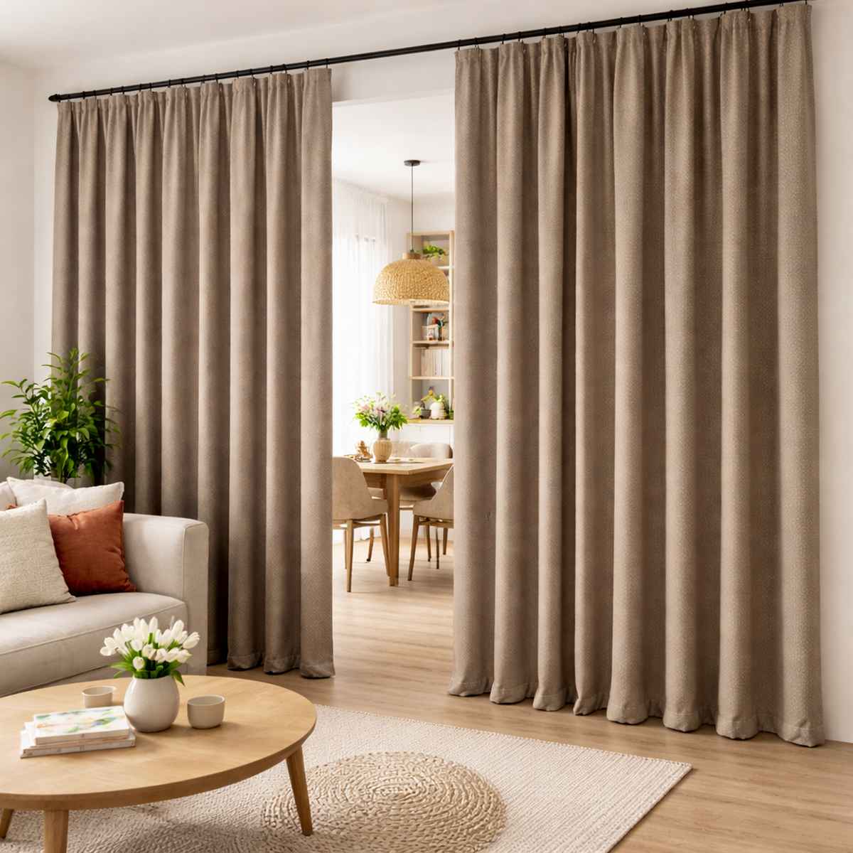 Rideau séparateur Ross à motif duotone avec tombé régulier et plis naturels dans un espace intérieur chaleureux.