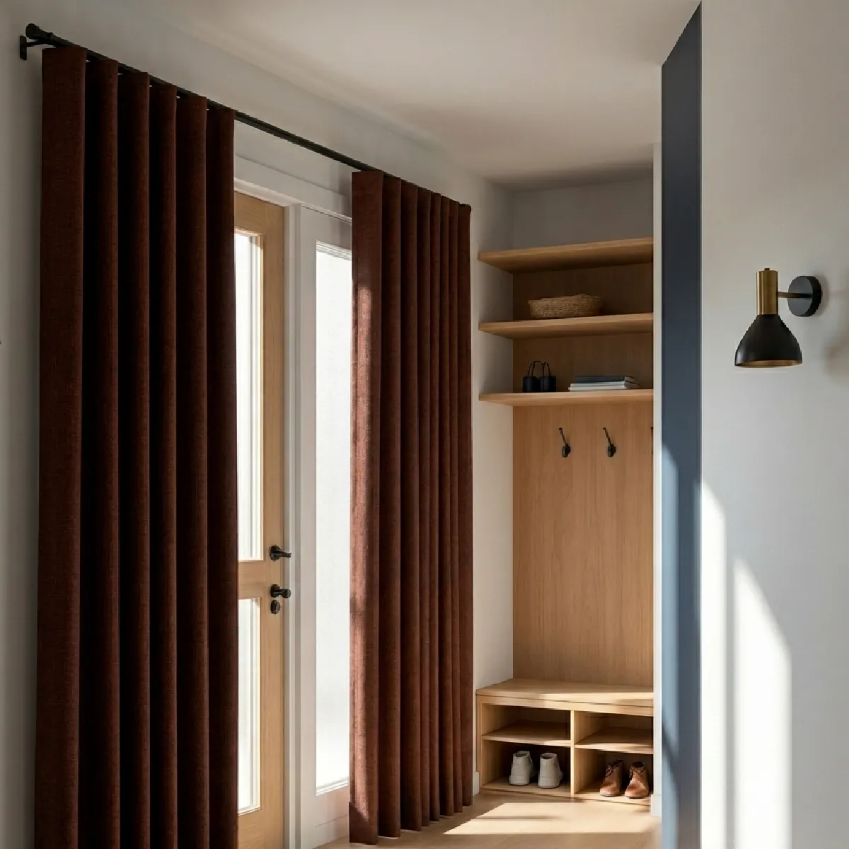 Illustration d’un rideau thermique Ross sur mesure installé devant une porte d’entrée afin de limiter les courants d’air et les pertes de chaleur.